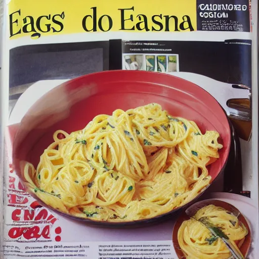 Prompt: john craven's traditional egg pasta, press photo, sunday magazine advert