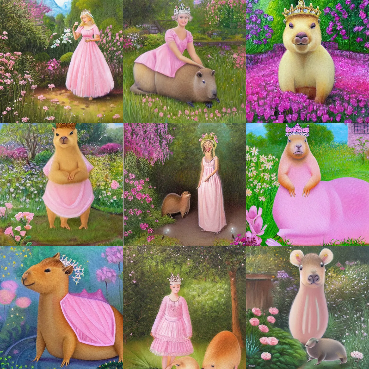 Prompt: capybara wearing a light pink dress and a crystal crown in a beautiful garden, highly detailed oil painting