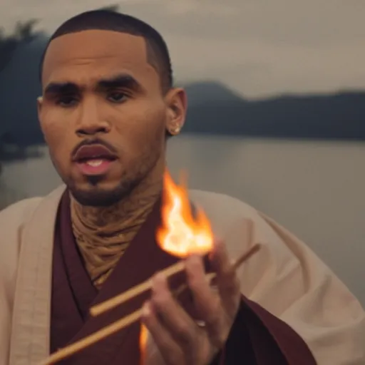 Image similar to cinematic film still of Chris Brown starring as a Japanese Sensei with fire, Japanese CGI, VFX, 2003, 40mm lens, shallow depth of field, film photography