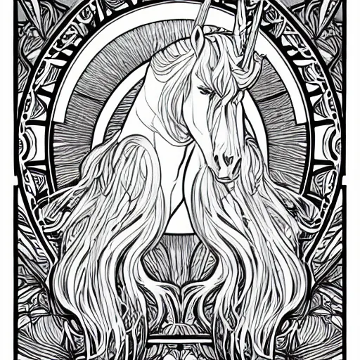 Image similar to clean simple line art of a cute beautiful unicorn. no background. well composed, clean coloring book page. coloring book line art by artgerm and greg rutkowski and alphonse mucha