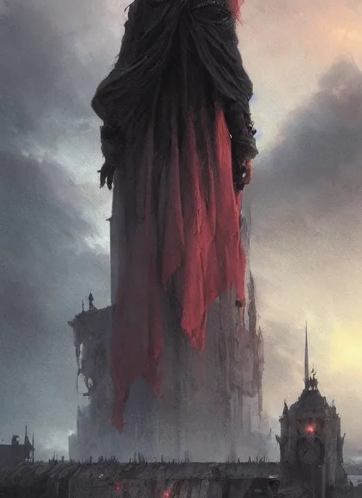 Image similar to a teenage girl with very short dark hair and a tattered grey cloak. she stands on top of a building in a gothic fantasy city. the sky has a red glow and ash is falling. beautiful painting by greg rutkowski
