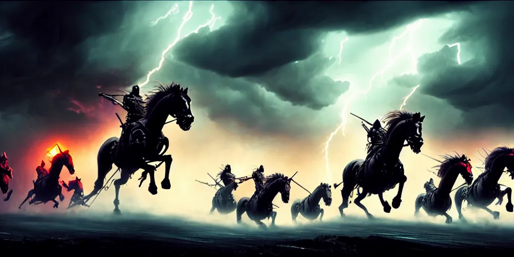 Image similar to ”four horsemen of the apocalypse riding skeleton horses towards the camera [epic, cinematic, scary, intimidating, horror, war, battle, hell, storm clouds, lightning, octane render, 8k, mattepainting, art by wlop and paul lehr and greg rutkowski]”