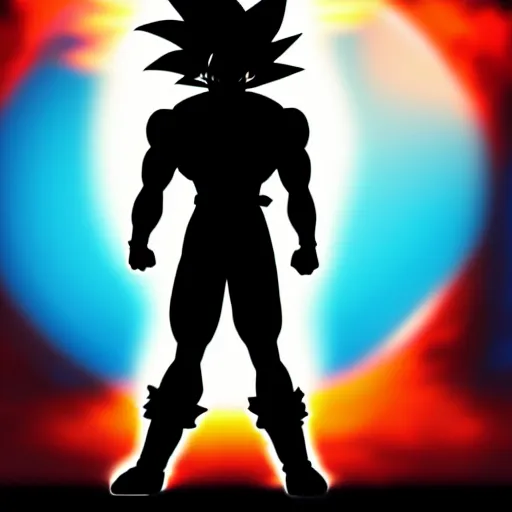 Prompt: poster of goku's silhouette with a sun in the background, simple style, all flat colors and shapes, character art, sharp focus, highly detailed, artstation