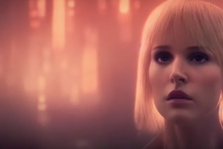 Image similar to a still from bladerunner 2 0 4 9 depicting a medium shot photograph of a beautiful woman with blonde hair emerging from a futuristic immortality machine. she stares intently into the camera with a hungry expression. sci fi, futuristic, cinematic, low light, soft focus, rebirth, phoenix from the ashes metaphor.