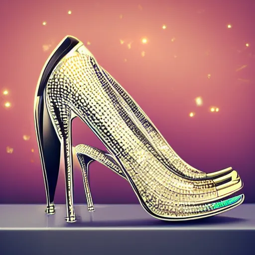 Image similar to High heels, extremely futuristic, extreme curves, metallic, wild lines, with sparkling gems on top, realistic, showcased on a shelf, high detail, photo-realistic, shining