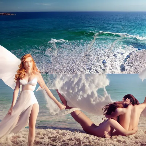 Prompt: a panoramic full shot of aphrodite and venus playing in sea foam on a perfect beach. wearing white silk. bondi blue. puffy clouds. powdered sand. style of julie bell, botticelli, randy vargas, and tran nguyen.