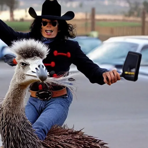 Prompt: michael jackson riding a emu with a cowboy hat on