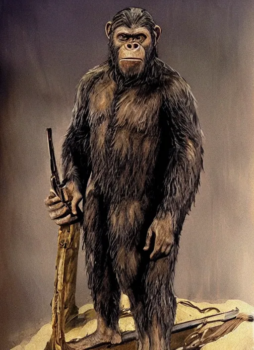 Image similar to portrait of Cornelius from Planet of the Apes (1968) in The Thing (1982), highly detailed, centered, solid color background, digital painting, artstation, concept art, smooth, sharp focus, illustration, artgerm, donato giancola, Joseph Christian Leyendecker, Les Edwards, Ed Repka, WLOP, Artgerm