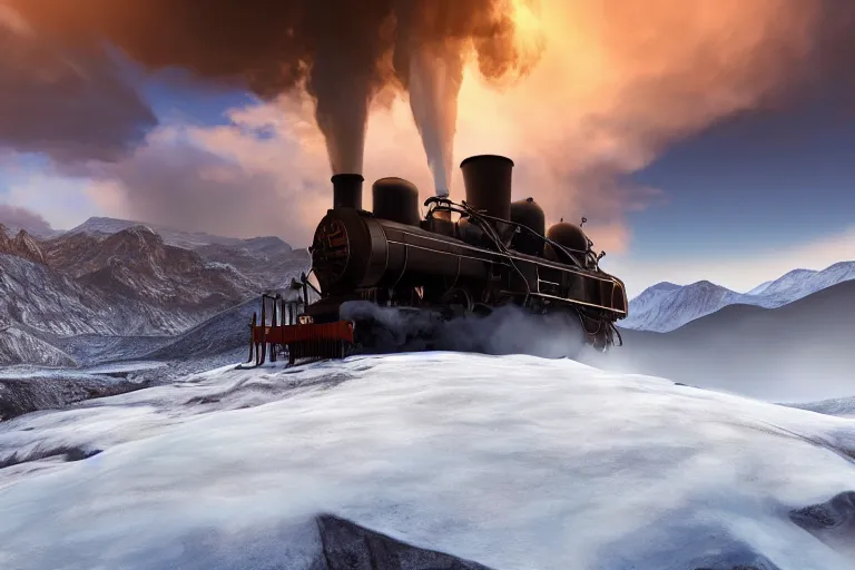 Image similar to steam engine in the mountains with huge steam clouds, snowy mountains in the background , ultra low camera angle, super wide lens, tilted camera, high speed motion, cinematic, ultra resolution, octane render, top trending artstation, 4k, 8k, hyper realistic, digital art, incredible details,