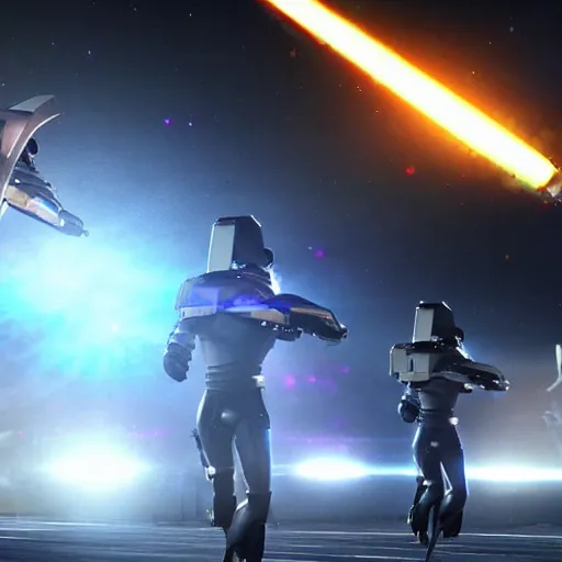 Image similar to british royal guard androids firing lasers, futuristic look, highly detailed body, very powerful, photorealistic camera shot, crisp quality and light reflections, unreal engine 5 quality render