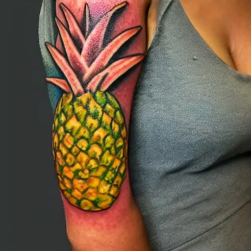 Prompt: professional 3 d render of a ripe luscious pineapple tattoo on an arm that's also edible