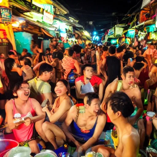 Prompt: Khao San Road backpacker party