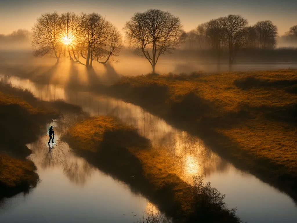 Image similar to A landscape photo taken by Kai Hornung of a river at dawn, misty, early morning sunlight, cold, chilly, two swans swim by, rural, English countryside