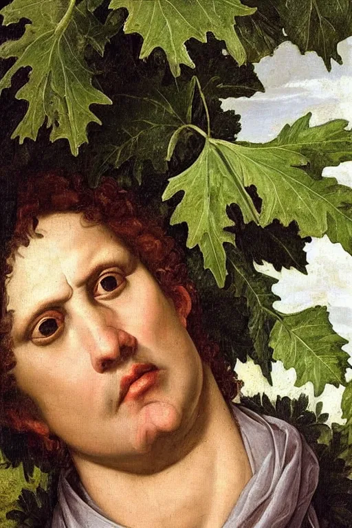 Image similar to renaissance painting of elder in the garden, closeup, short silver hair, a wise face, emotions closeup, dressed in roman armour, the beautiful garden with oak leaves everywhere, ultra detailed, art by Guido Reni style, Vincenzo Catena style