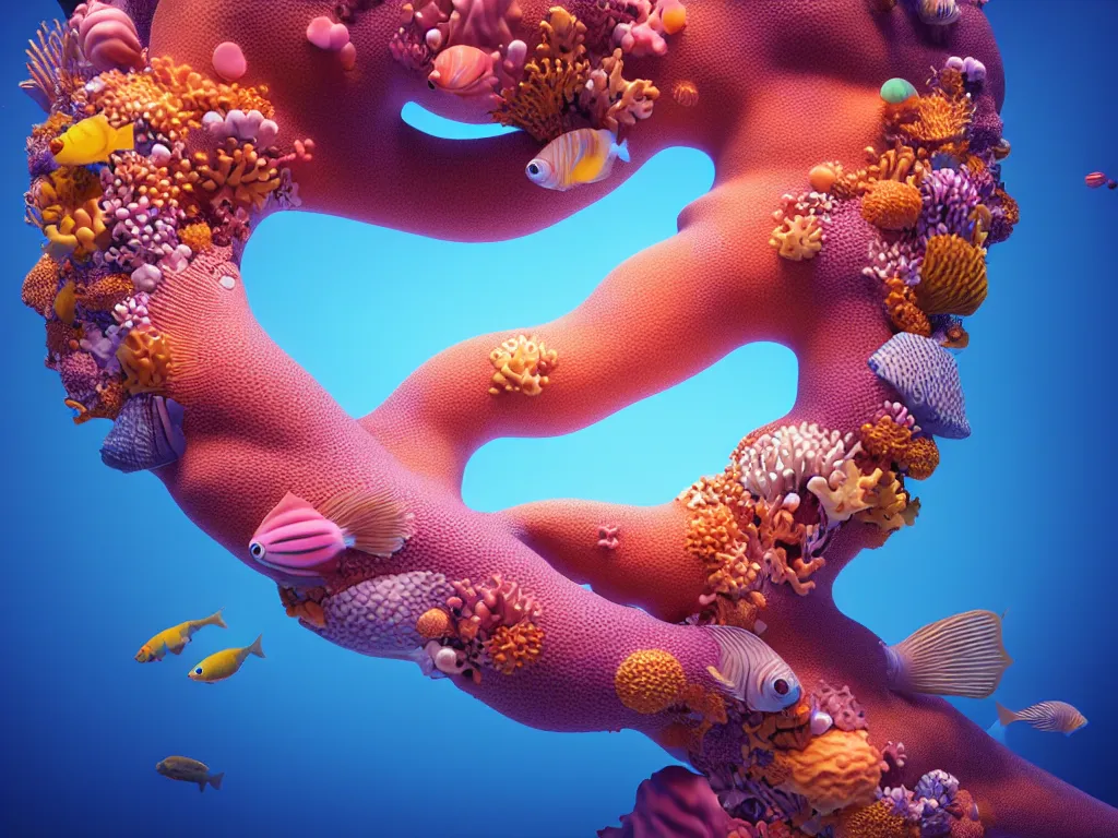 Image similar to a sculpture of fish ocean intertwined, diode lighting, a lovely cornucopia of flowers and human body parts, body parts, highly detailed, octane render, cinematic, sharp focus, clean, studio lighting, sunset, great barrier reef