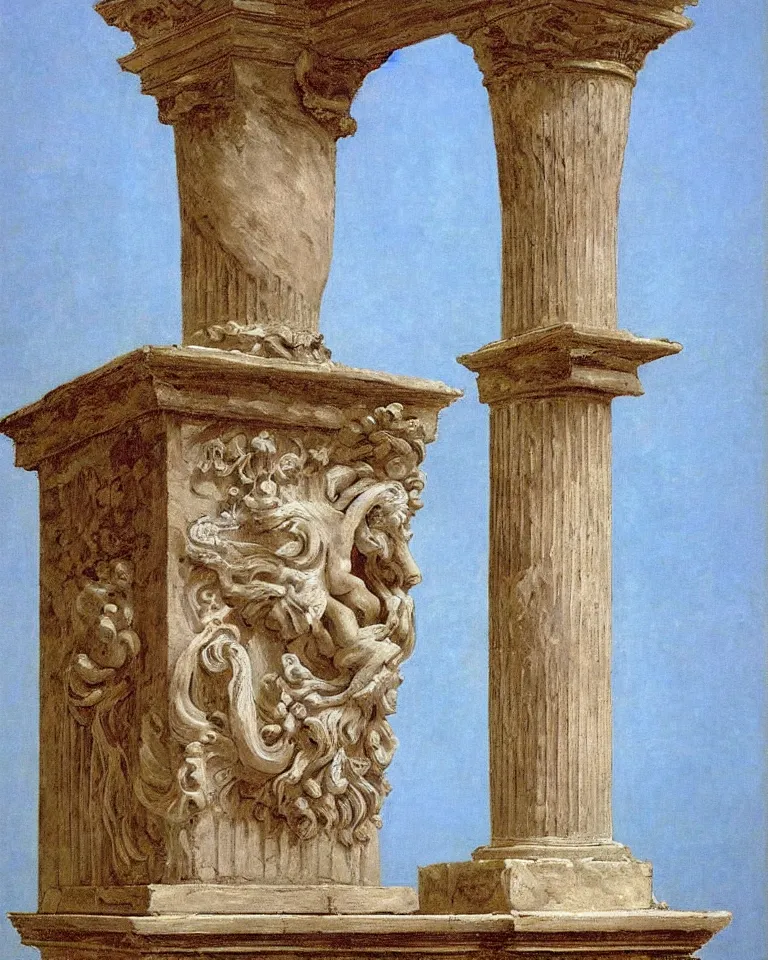 Image similar to achingly beautiful painting of intricate ancient roman ionic capital on a baby blue background by rene magritte, monet, and turner. giovanni battista piranesi.