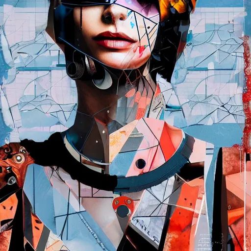 Prompt: Roman cyberpunk Goddess, collage, minimal style, digital painting, 4k, HDR, AI, fashion, smooth, sharp focus, art by Sandra Chevrier, John Hoyland, teamLab