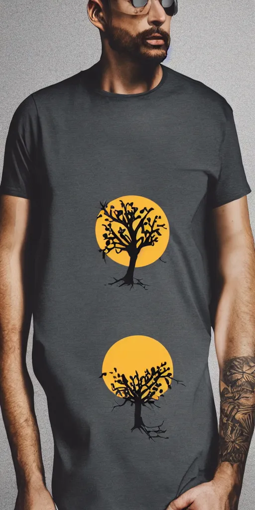 Image similar to shirt design, vector style, the sun and a tree with prunes flowers, fresh modern look, made with photoshop