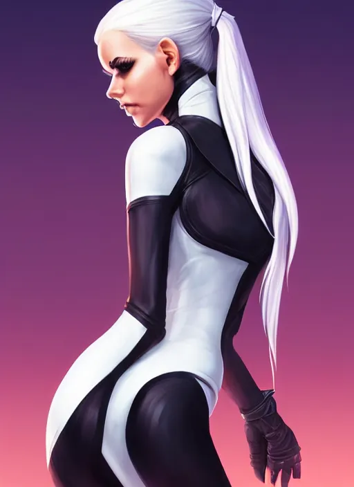 Prompt: backveiw picture of elf rogue, female, white skin, ponytails, sexy, skintight leather clothes, curves, short coat, face details, shapely, extremely detailed, smooth, sharp focus, digital illustration, by artgerm, rossdraws, sakimichan