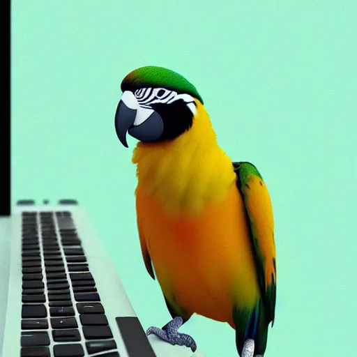 Image similar to “parrot using its beak to type on a keyboard, hd, volumetric lighting, photorealistic, octane render, photo, trending on artstation, flickr”