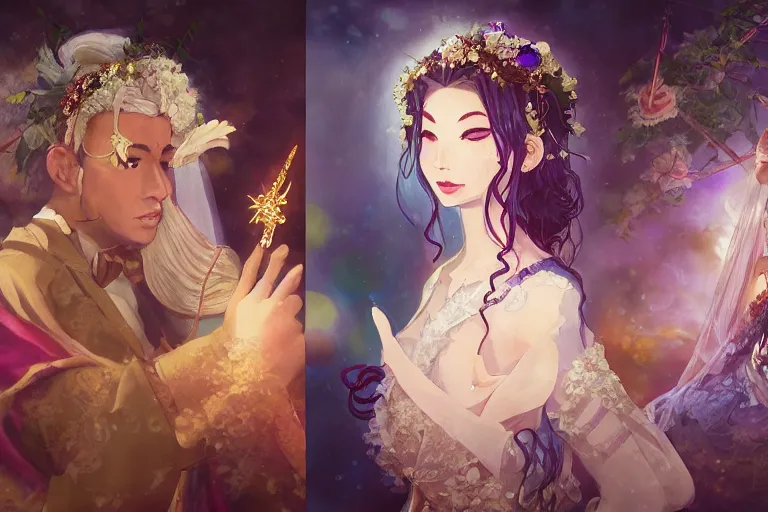 Image similar to a cinematic portrait of wedding photograph jpeg close up moment of a divine a japan sun god and moon goddess lovers magician at a wedding banquet. portraiture. digital painting. artstation. concept art. wedding photo. digital painting. violet evergarden art masterpiece by art by krenz cushart
