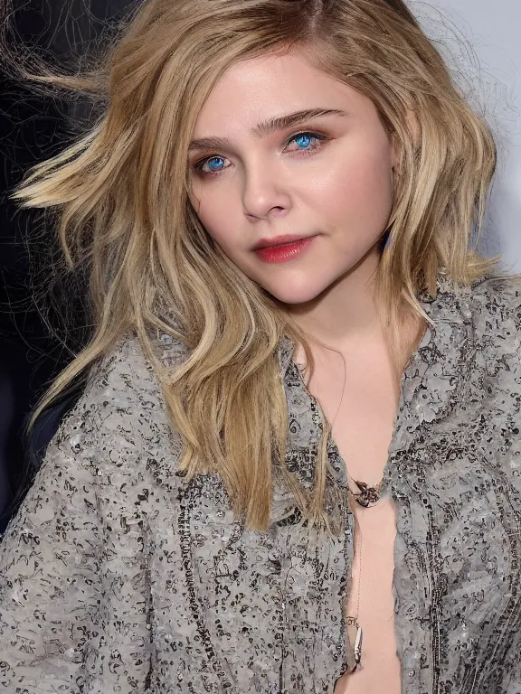 Prompt: hyperdetailed close shot of chloe grace moretz, fashion, venus, with ripped crop t - shirt, fine - face, pretty face