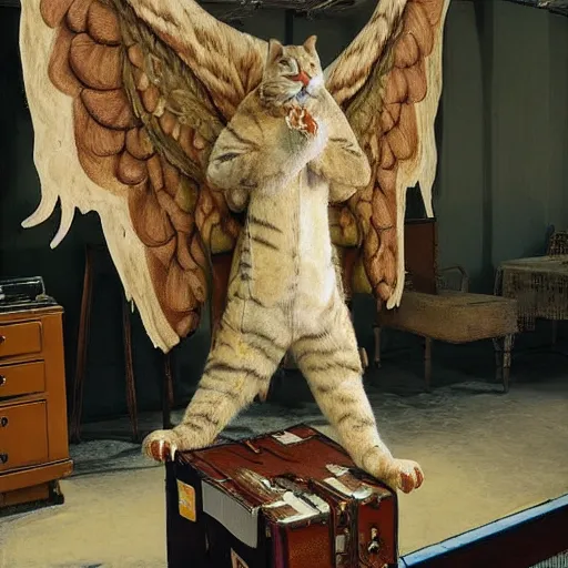 Image similar to Footage of a big tall cat with wings on the backrooms, highly detailed, surrealist, weird, strange, uncanny, odd