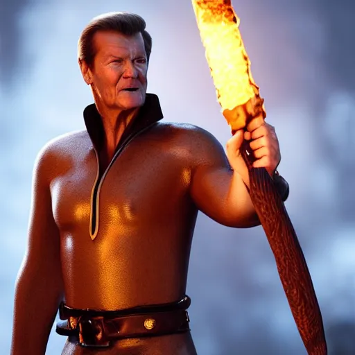 Prompt: Roger Moore wearing a leather barbarian tunic holding a glowing fire magical staff. Trending on Artstation, octane render, ultra detailed, art by Ross tran