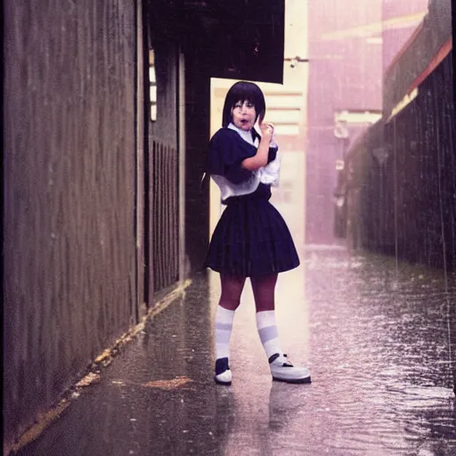 Image similar to 1990s perfect 8K HD professional cinematic photo of close-up japanese schoolgirl posing in sci-fi dystopian alleyway at morning during rain, at instagram, Behance, Adobe Lightroom, with instagram filters, depth of field, taken with polaroid kodak portra