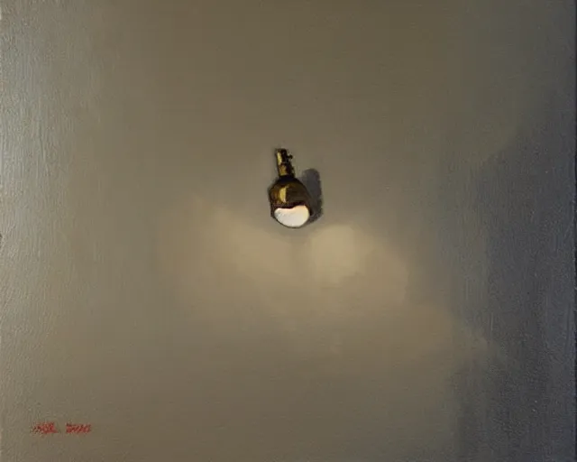 Prompt: Lightbulb in a lone room casting light on the walls. Norbert Schwontkowski oil painting.