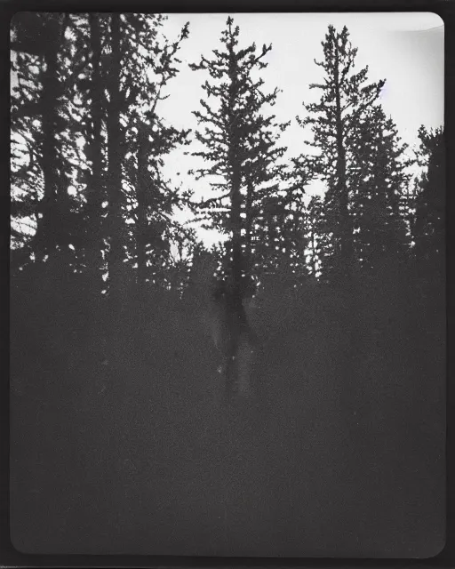 Image similar to werewolf in forest at night, shot from drone, grainy, polaroid