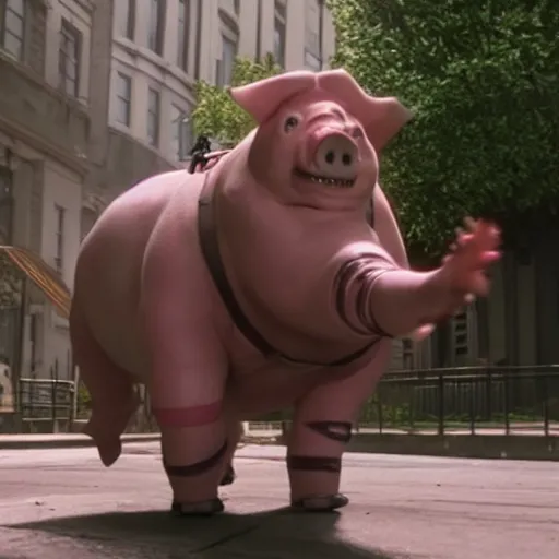 Image similar to Live Action Still of pig in Ghostbusters, real life, hyperrealistic, ultra realistic, realistic, highly detailed, epic, HD quality, 8k resolution, body and headshot, film still,Exquisite detail, post-processing, masterpiece, Cinematic Lighting, Unreal Engine, 8k, HD