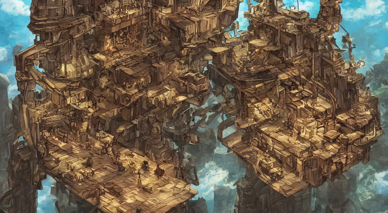 Image similar to open door wood wall fortress airship greeble block amazon jungle vanillaware fanart arstation by sung choi and eric pfeiffer and gabriel garza and casper konefal