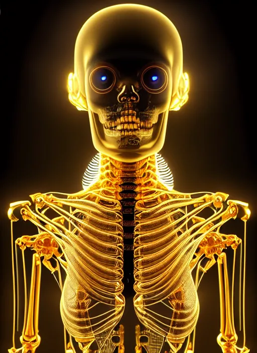 Prompt: full body rendering of a futuristic female golden mechanical skeleton with human face, wires, glowing internal light, hyperdetailed illustration by irakli nadar and alex grey, intricate linework, faberge, intricate gold linework, dark atmosphere, unreal engine 5 highly rendered, global illumination, radiant light, detailed and intricate environment