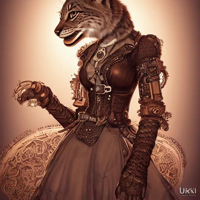 Image similar to the portrait of anthropomorphic lynx fursona wearing a steampunk dress as unimaginably beautiful, gorgeous, elegant, young lynx, an ultrafine hyperdetailed illustration by kim jung gi, irakli nadar, intricate linework, bright colors, octopath traveler, final fantasy, unreal engine 5 highly rendered, global illumination, radiant light, detailed and intricate environment