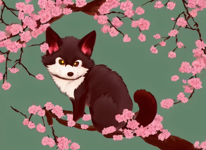 Image similar to cute little kitsune in a cherry blossom tree. trending on artstation.