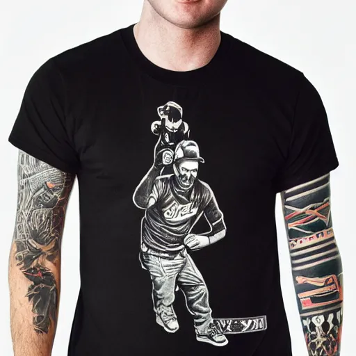 Image similar to action figure of thin white male wearing a black baseball cap and black graphic t - shirt, american traditional tattoos on legs and left arm, 4 k,