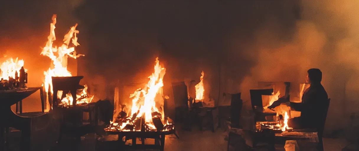 Image similar to a studio photograph (flash on) of a big fire on a dining room on fire, an human-like relaxed dog sitting on a wooden chair at a table (no fire at all there), lights on, ☕ on the table, surrounded by flames, a lot of flames behind the dog, black smoke instead of the ceiling, no watermark