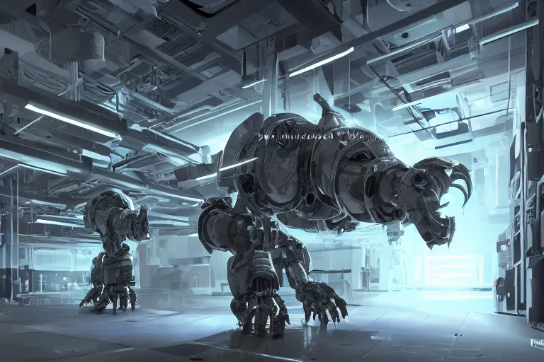 Image similar to parallax datacenter server room single mono colossus white rusty android robosaurus in artstation cinematic detailed concept art volumetric light sharp coherent server hardware diods