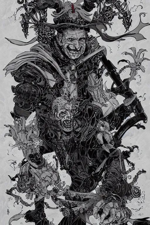 Image similar to joe biden dressed like a midevil jester, by yoichi hatakenaka, masamune shirow, josan gonzales and dan mumford, ayami kojima, takato yamamoto, barclay shaw, karol bak, yukito kishiro, hyperdetailed, trending on artstation