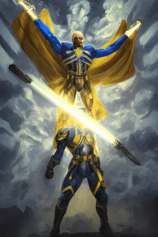 Image similar to a photo of a super soldier with a Ukrainian blue and yellow stripes flag standing in the beam of light from the clouds on a pile of skulls as a winner, masculine figure, D&D, fantasy, intricate, elegant, highly detailed, digital painting, artstation, concept art, matte, sharp focus, symmetrical, illustration, art by Artgerm and Greg Rutkowski and Alphonse Mucha