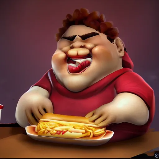 Image similar to pudge from dota 2 eating hot dog. photorealistic. highres. 3 d.