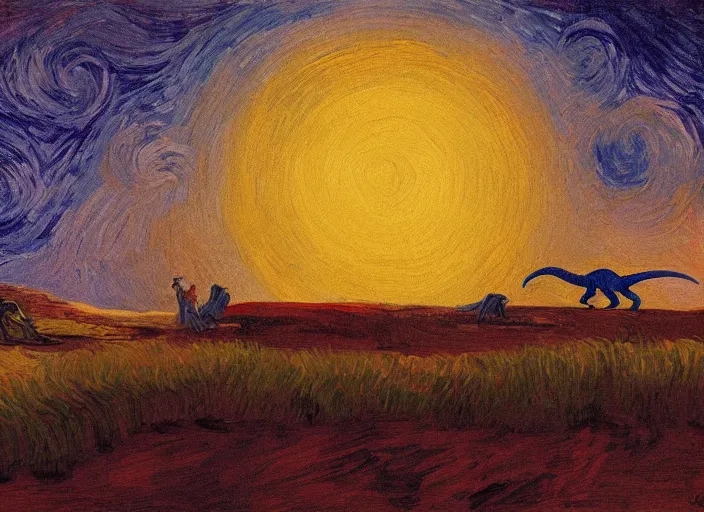 Image similar to painting of the extinction of the dinosaurs with asteroid and fire, in the style of edward hopper and vincent van gogh, dramatic lighting at dusk