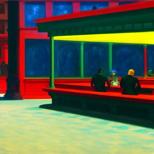 Image similar to Nighthawks by Edward Hopper, cyberpunk, HD,