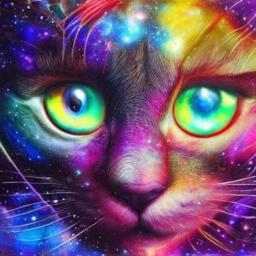 Image similar to a galaxy colored psychedelic chakra awakening kundalini ethereal portrait of a cat with her eyes closending to a higher plane of existence, eternal blessing, multiverse, by android jones, by ben ridgeway, visionary art, by artgerm, featured on artstation, cgsociety, by greg rutkowski