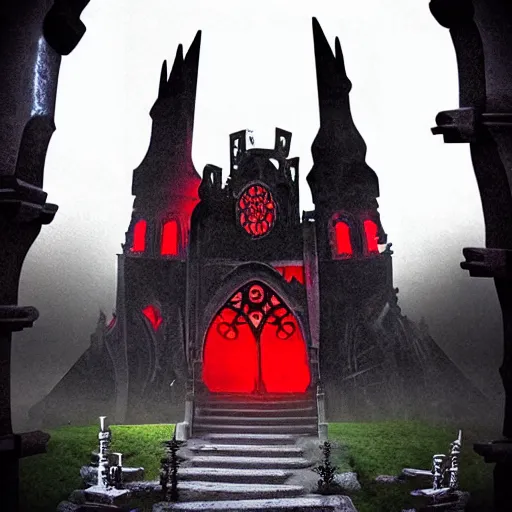 Prompt: castlevania gothic castle spires red full moon clouds mist fog cemetery gravestones flying butress black and red dark scary dramatic cathedral stained glass bell tower clock tower ruins and decay fantasy neon