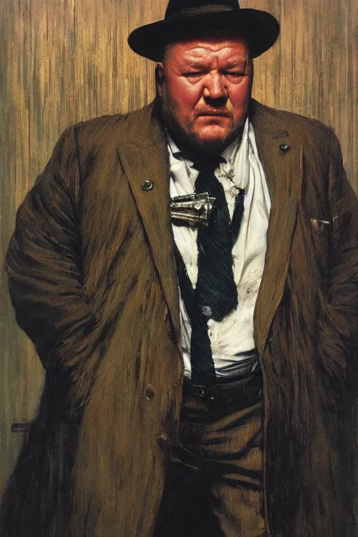 Image similar to full length portrait of huge ray winstone as marvel's kingpin dressed as gangster, new york, painted by lawrence alma tadema, zdzislaw beksinski, norman rockwell, jack kirby, tom lovell, greg staples