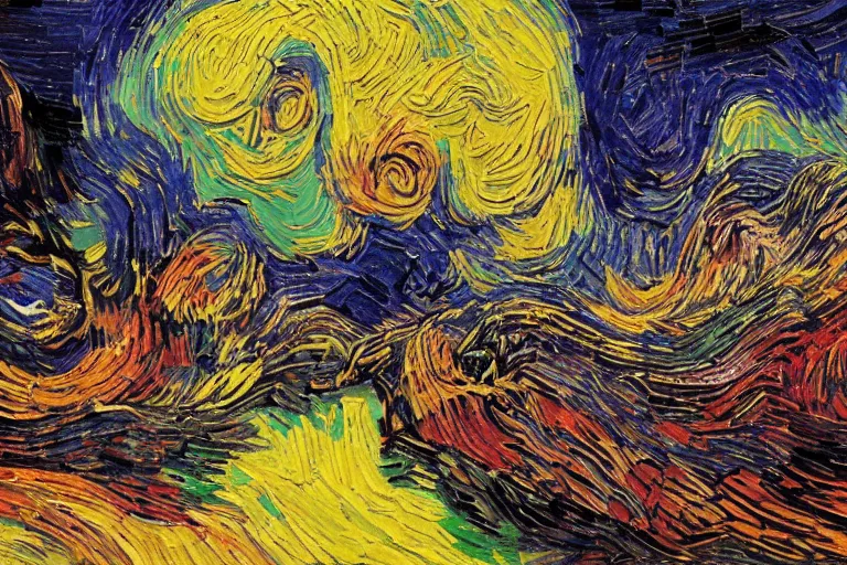 Prompt: a colorful chaotic masterpiece by jackson pollack and vincent van gogh, carol bak, complex, intricate, deep color, hyper - emotive concept painting