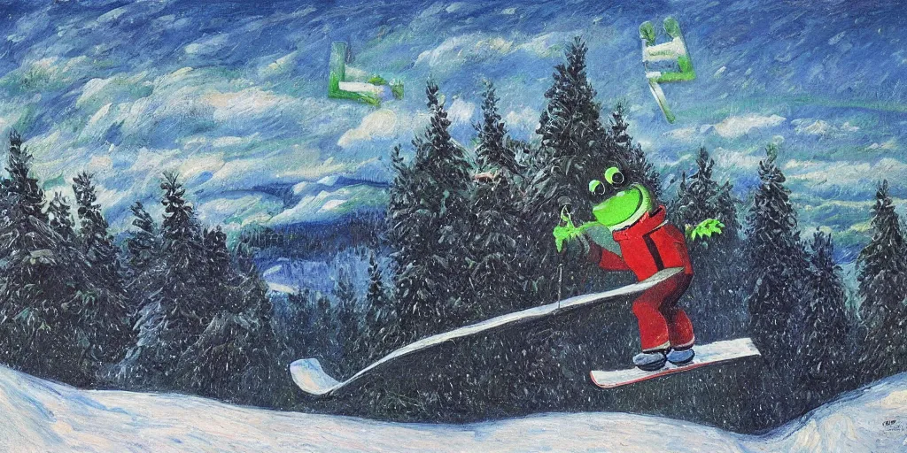 Image similar to sad pepe the frog snowboarding in terrain park, frustration, pain, anger, ramps, half - pipe, gloomy landscape, expressive oil painting by christopher radlund and camille pissaro