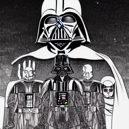 Image similar to Darth Vader in the style of Junji Ito. Manga. Extremely detailed. Beautiful. 4K. Award winning.